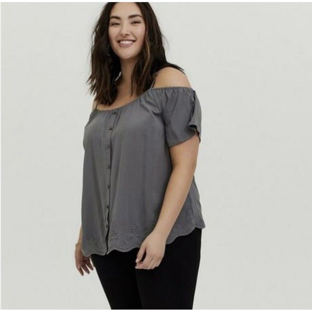 Torrid Gray Cold Shoulder Scalloped Eyelet Blouse 4X